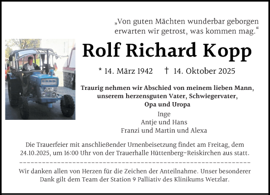 Traueranzeige von Rolf Richard Kopp von Wetzlarer Neue Zeitung Traueranzeige von Rolf Richard Kopp von Wetzlarer Neue Zeitung