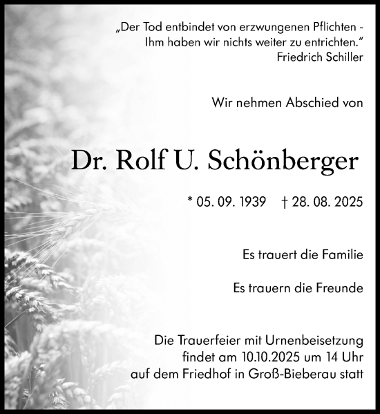 Traueranzeige von Rolf U. Schönberger von Dieburger Anzeiger/Groß-Zimmerner Lokal-Anzeiger Traueranzeige von Rolf U. Schönberger von Dieburger Anzeiger/Groß-Zimmerner Lokal-Anzeiger