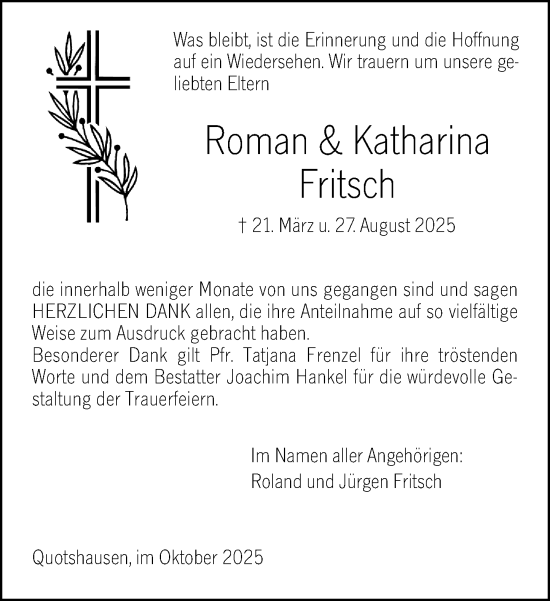 Traueranzeige von Roman Fritsch von Hinterländer Anzeiger