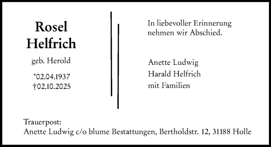 Traueranzeige von Rosel Helfrich von Rüsselsheimer Echo