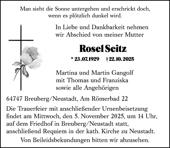 Traueranzeige von Rosel Seitz von Odenwälder Echo Traueranzeige von Rosel Seitz von Odenwälder Echo