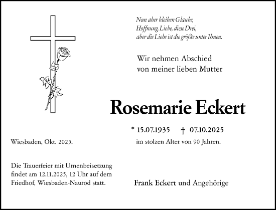 Traueranzeige von Rosemarie Eckert von Wiesbadener Kurier Traueranzeige von Rosemarie Eckert von Wiesbadener Kurier