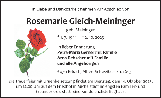 Traueranzeige von Rosemarie Gleich-Meininger von Odenwälder Echo Traueranzeige von Rosemarie Gleich-Meininger von Odenwälder Echo