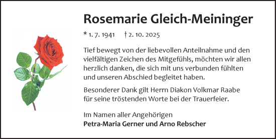 Traueranzeige von Rosemarie Gleich-Meininger von Odenwälder Echo Traueranzeige von Rosemarie Gleich-Meininger von Odenwälder Echo