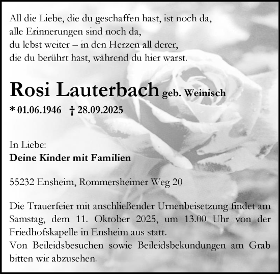 Traueranzeige von Rosi Lauterbach von Allgemeine Zeitung Alzey Traueranzeige von Rosi Lauterbach von Allgemeine Zeitung Alzey