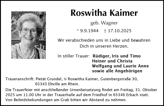 Traueranzeige von Roswitha Kaimer von Rheingau Kurier Traueranzeige von Roswitha Kaimer von Rheingau Kurier