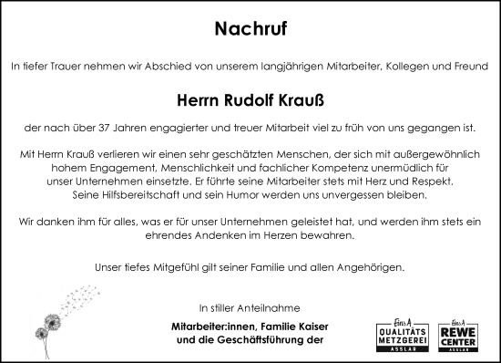 Traueranzeige von Rudolf Krauß von Wetzlarer Neue Zeitung