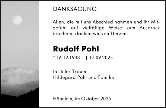 Traueranzeige von Rudolf Pohl von Darmstädter Echo