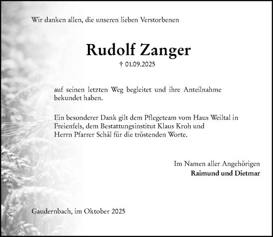 Traueranzeige von Rudolf Zanger von Weilburger Tageblatt