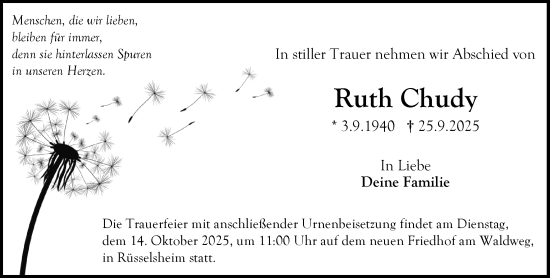 Traueranzeige von Ruth Chudy von Rüsselsheimer Echo Traueranzeige von Ruth Chudy von Rüsselsheimer Echo