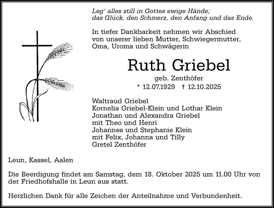 Traueranzeige von Ruth Griebel von Wetzlarer Neue Zeitung