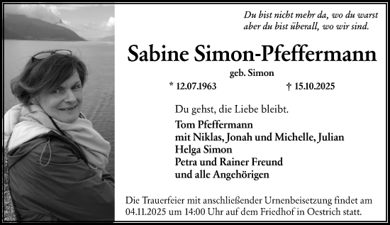 Traueranzeige von Sabine Simon-Pfeffermann von Wiesbadener Kurier Traueranzeige von Sabine Simon-Pfeffermann von Wiesbadener Kurier