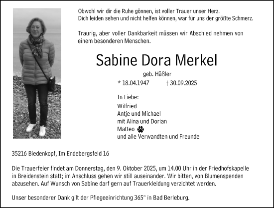 Traueranzeige von Sabine Dora Merkel von Hinterländer Anzeiger