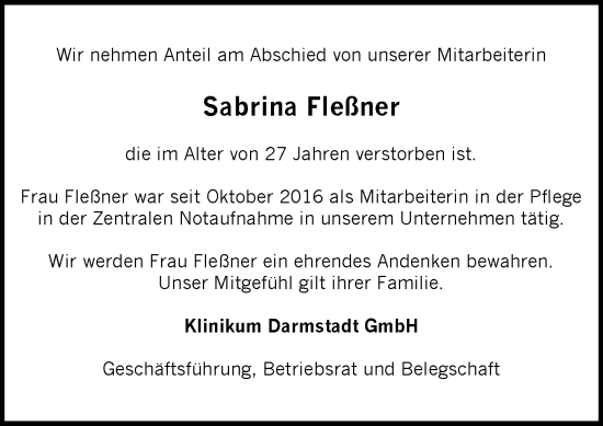 Traueranzeige von Sabrina Fleßner von Darmstädter Echo Traueranzeige von Sabrina Fleßner von Darmstädter Echo