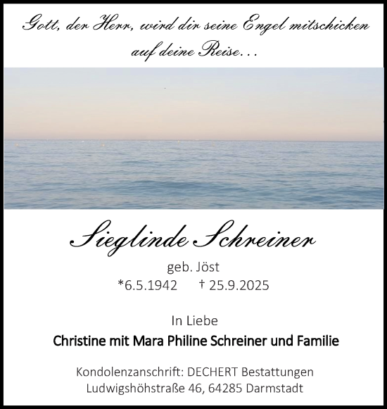 Traueranzeige von Siegliende Schreiner von Darmstädter Echo Traueranzeige von Siegliende Schreiner von Darmstädter Echo
