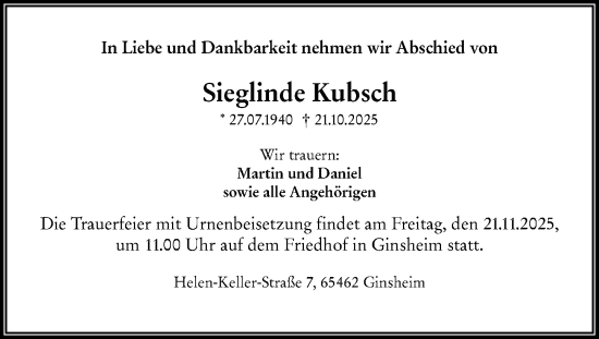 Traueranzeige von Sieglinde Kubsch von Allgemeine Zeitung Mainz Traueranzeige von Sieglinde Kubsch von Allgemeine Zeitung Mainz