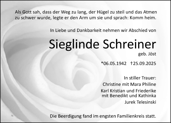 Traueranzeige von Sieglinde Schreiner von Darmstädter Echo Traueranzeige von Sieglinde Schreiner von Darmstädter Echo