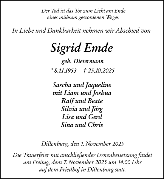 Traueranzeige von Sigrid Emde von Dill Block Traueranzeige von Sigrid Emde von Dill Block
