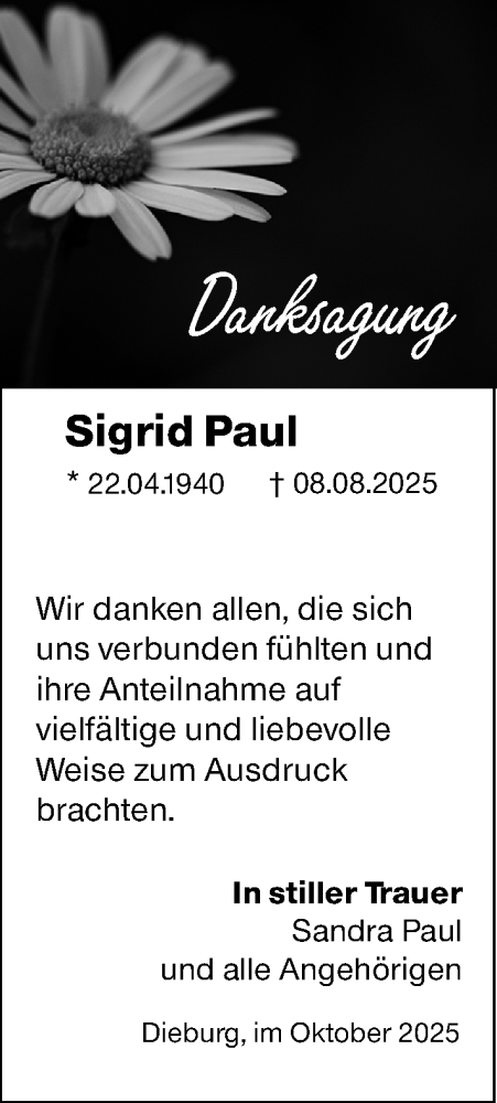 Traueranzeige von Sigrid Paul von Dieburger Anzeiger/Groß-Zimmerner Lokal-Anzeiger
