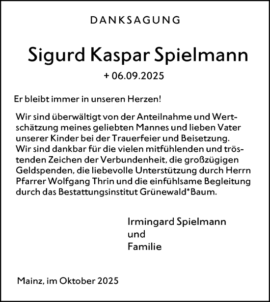 Traueranzeige von Sigurd Kaspar Spielmann von Allgemeine Zeitung Mainz