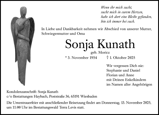 Traueranzeige von Sonja Kunath von Wiesbadener Kurier Traueranzeige von Sonja Kunath von Wiesbadener Kurier