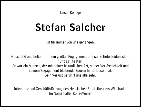 Traueranzeige von Stefan Salcher von Wiesbadener Kurier
