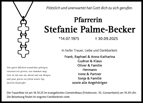 Traueranzeige von Stefanie Palme-Becker von Allgemeine Zeitung Mainz Traueranzeige von Stefanie Palme-Becker von Allgemeine Zeitung Mainz