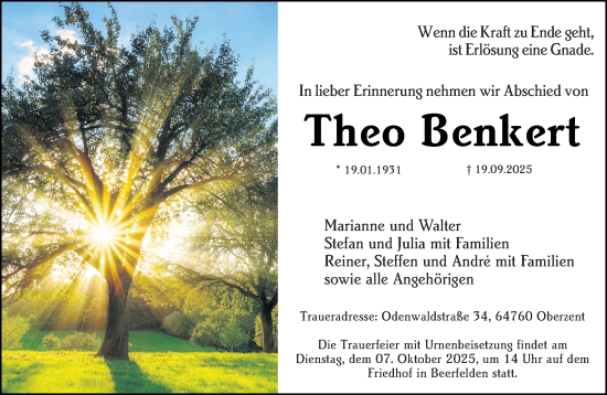 Traueranzeige von Theo Benkert von Odenwälder Echo Traueranzeige von Theo Benkert von Odenwälder Echo