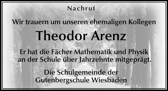 Traueranzeige von Theodor Arenz von Wiesbadener Kurier Traueranzeige von Theodor Arenz von Wiesbadener Kurier