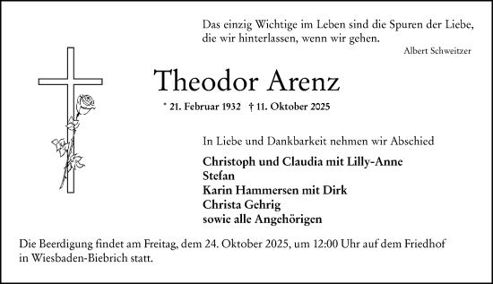 Traueranzeige von Theodor Arenz von Wiesbadener Kurier Traueranzeige von Theodor Arenz von Wiesbadener Kurier