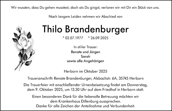 Traueranzeige von Thilo Brandenburger von Dill Block Traueranzeige von Thilo Brandenburger von Dill Block