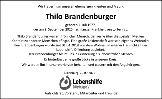 Traueranzeige von Thilo Brandenburger von Dill Block Traueranzeige von Thilo Brandenburger von Dill Block