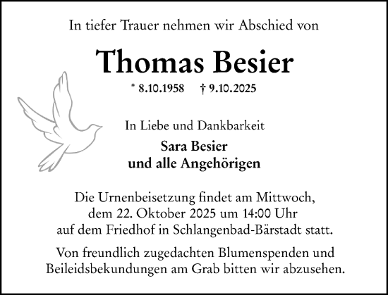 Traueranzeige von Thomas Besier von Wiesbadener Kurier Traueranzeige von Thomas Besier von Wiesbadener Kurier