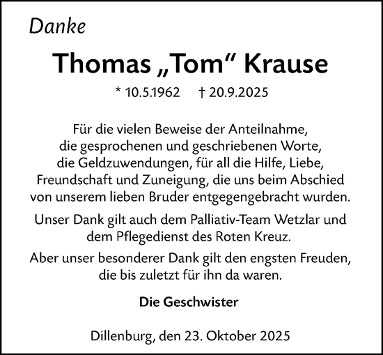 Traueranzeige von Thomas Krause von Dill Block Traueranzeige von Thomas Krause von Dill Block