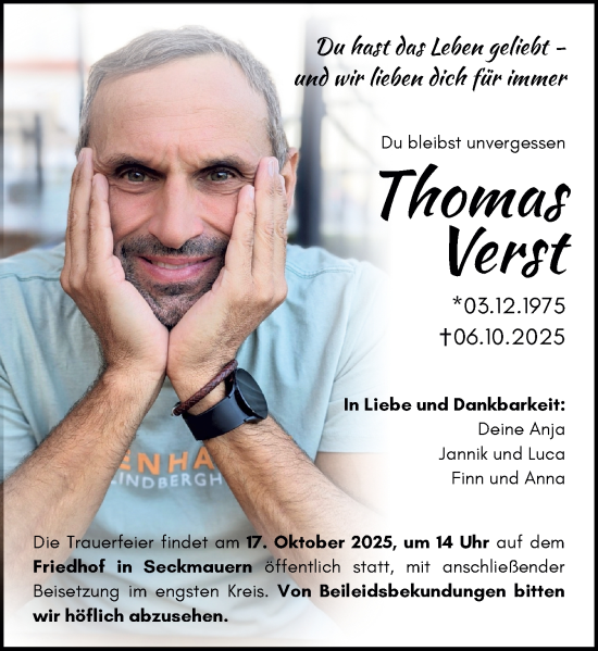 Traueranzeige von Thomas Verst von Odenwälder Echo