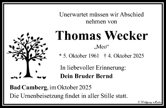 Traueranzeige von Thomas Wecker von Camberger Anzeiger Traueranzeige von Thomas Wecker von Camberger Anzeiger