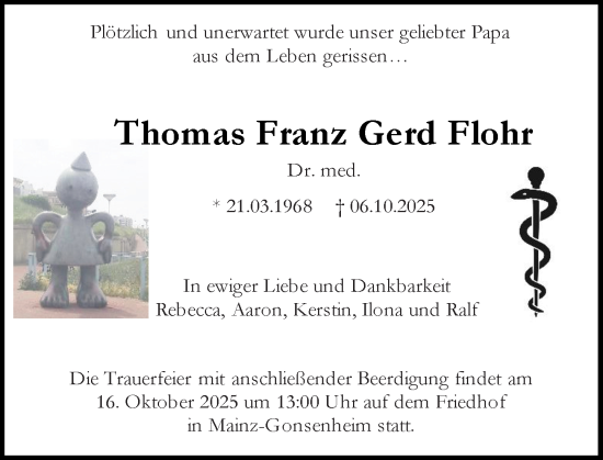 Traueranzeige von Thomas Franz Gerd Flohr von Allgemeine Zeitung Mainz