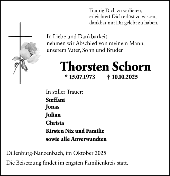 Traueranzeige von Thorsten Schorn von Dill Block Traueranzeige von Thorsten Schorn von Dill Block