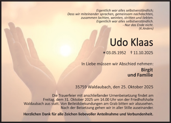 Traueranzeige von Udo Klaas von Dill Block