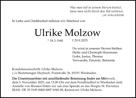 Traueranzeige von Ulrike Molzow von Wiesbadener Kurier Traueranzeige von Ulrike Molzow von Wiesbadener Kurier