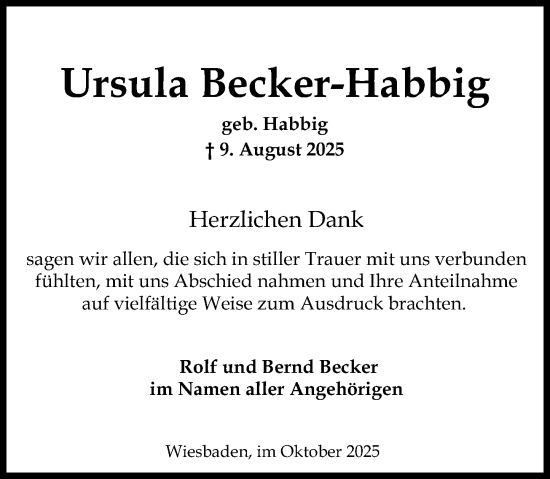 Traueranzeige von Ursula Becker-Habbig von Wiesbadener Kurier