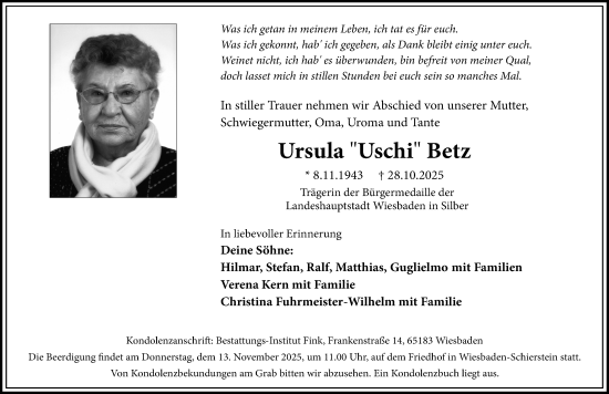 Traueranzeige von Ursula Betz von Wiesbadener Kurier Traueranzeige von Ursula Betz von Wiesbadener Kurier