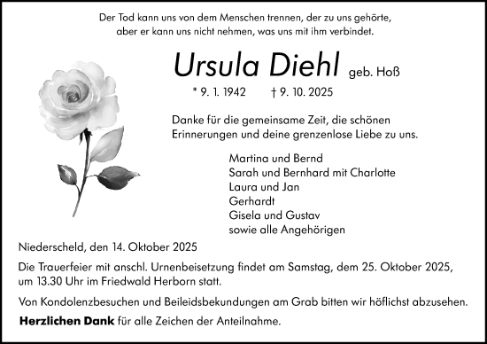 Traueranzeige von Ursula Diehl von Dill Block
