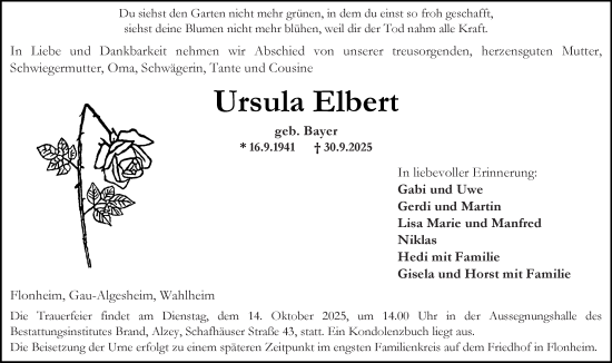 Traueranzeige von Ursula Elbert von Allgemeine Zeitung Alzey