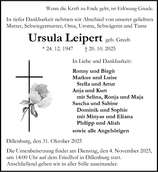 Traueranzeige von Ursula Leipert von Dill Block Traueranzeige von Ursula Leipert von Dill Block