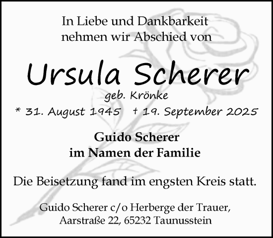Traueranzeige von Ursula Scherer von Wiesbadener Kurier Traueranzeige von Ursula Scherer von Wiesbadener Kurier