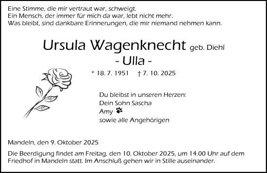 Traueranzeige von Ursula Wagenknecht von Dill Block