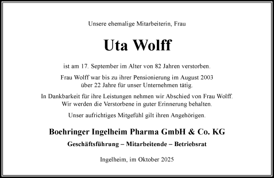 Traueranzeige von Uta Wolff von Allgemeine Zeitung Rheinhessen-Nahe Traueranzeige von Uta Wolff von Allgemeine Zeitung Rheinhessen-Nahe