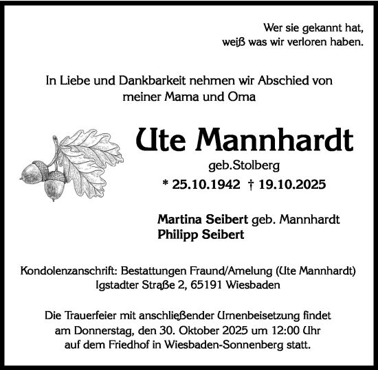 Traueranzeige von Ute Mannhardt von Wiesbadener Kurier Traueranzeige von Ute Mannhardt von Wiesbadener Kurier