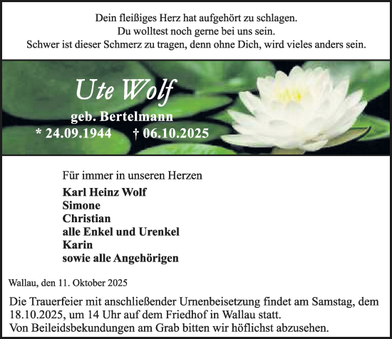 Traueranzeige von Ute Wolf von Hinterländer Anzeiger Traueranzeige von Ute Wolf von Hinterländer Anzeiger